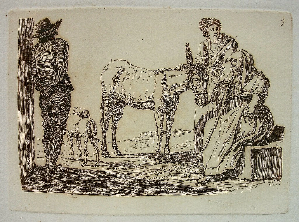 Contadini con asino e cane